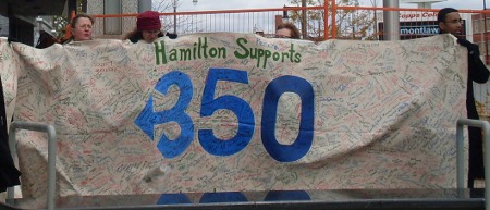 Hamilton Supports 350 banner, with hundreds of signatures