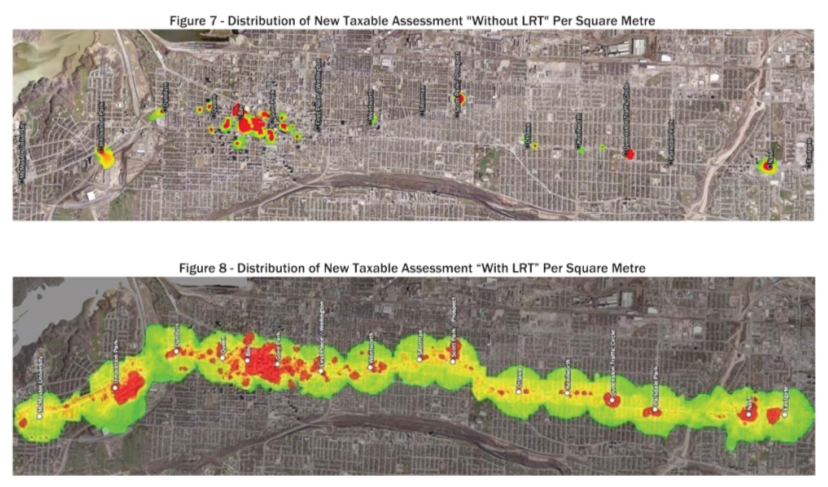 Distribution of new taxable assessment without LRT and with LRT (Image Credit: Canadian Urban Institute)
