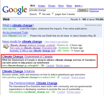 The Government of Canada's Climate Change website is the first result of a Google search. (Source: Google)