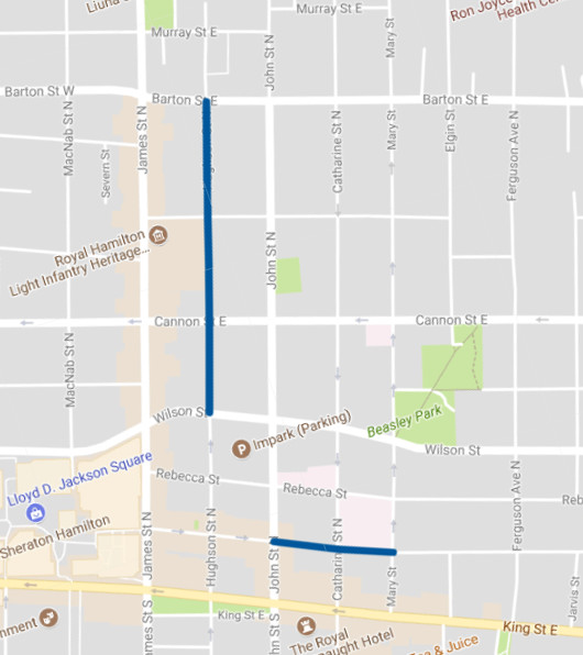 Two-way conversions planned for Hughson Street North and King William Street (Image Credit: Google Maps)