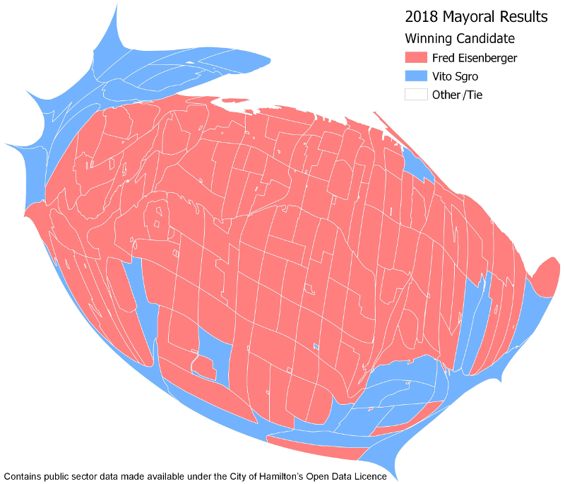 Cartogram of 2018 Mayoral Results by poll (Image Credit: Chris Higgins)