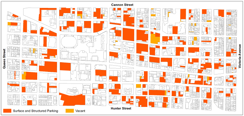 Downtown Hamilton surface parking and vacant lots (Image Credit: Chris Higgins)