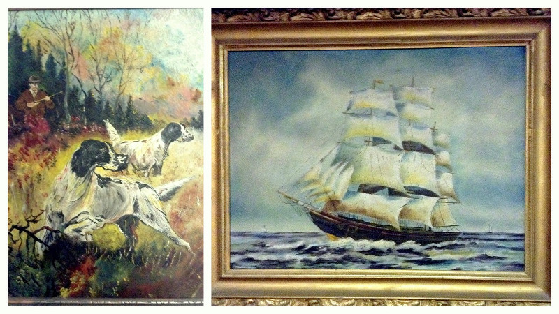 Dennis's grandmother's paintings. The autumn scene on left is a portrait of her husband and their hunting dogs. The ship on the right may have been seen by Mary Ann Sinclair from one of five bustling trading wharves on Lake Ontario. Most everything arrived at that time by water. Early settler life in Ontario was deeply connected to the distant seas, long before railroad and dirt roads criss-crossed the emerging nation.