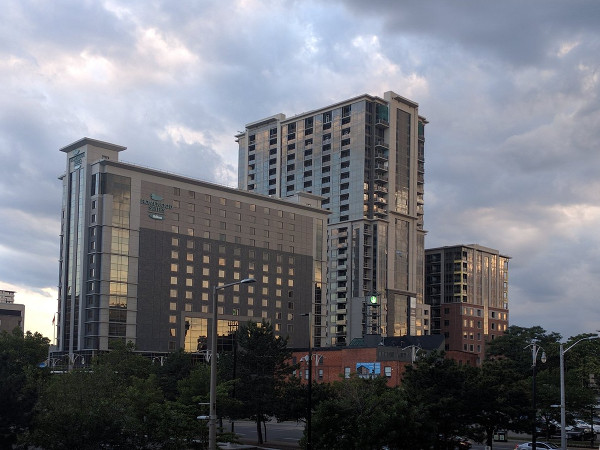 Homewood Suites and 150 Main at dusk (RTH file photo)