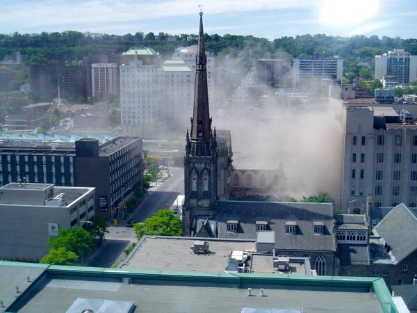 Dust from the James Street Baptist partial demolition, June 6, 2014