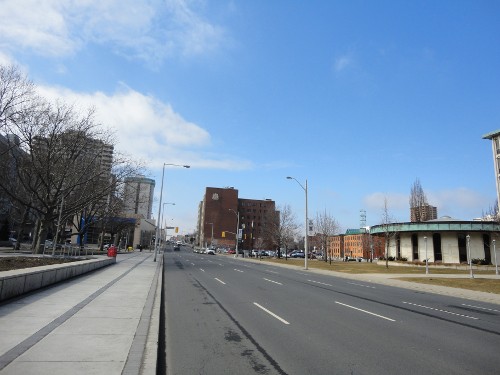 Main Street: five-lane highway running through downtown Hamilton
