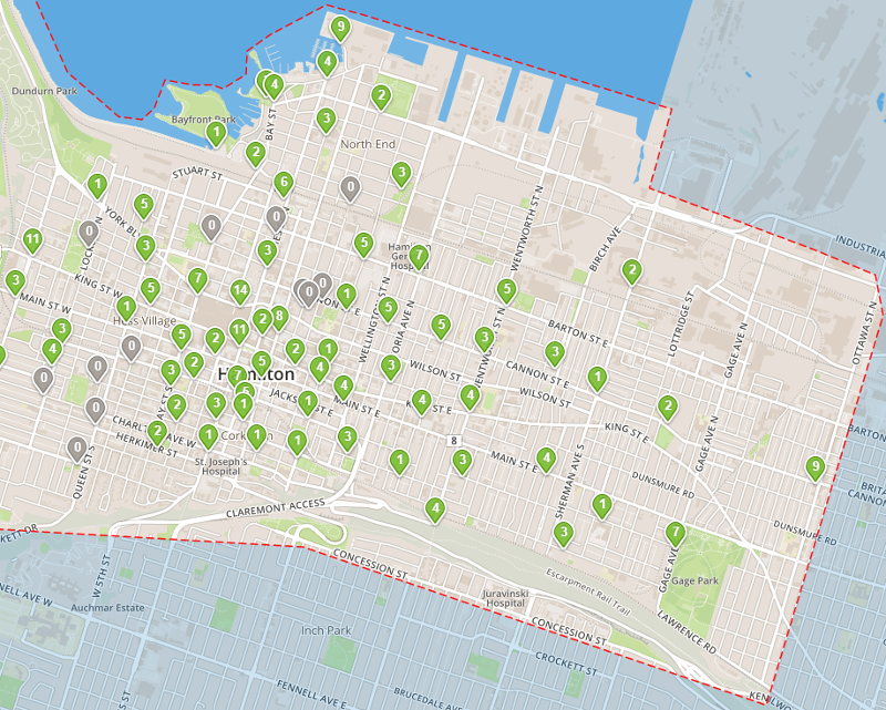 Map: Bike Share stations between Dundurn and Ottawa Street (Image Credit: Hamilton Bike Share)
