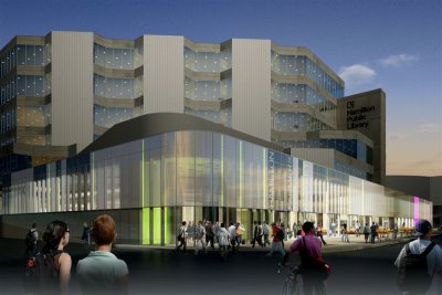 Rendering of renovated Farmers' Market and Central Library: another view (click the image to see 