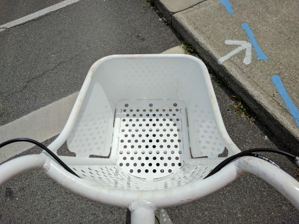 Fine mesh basket on eight-speed white SoBi bike