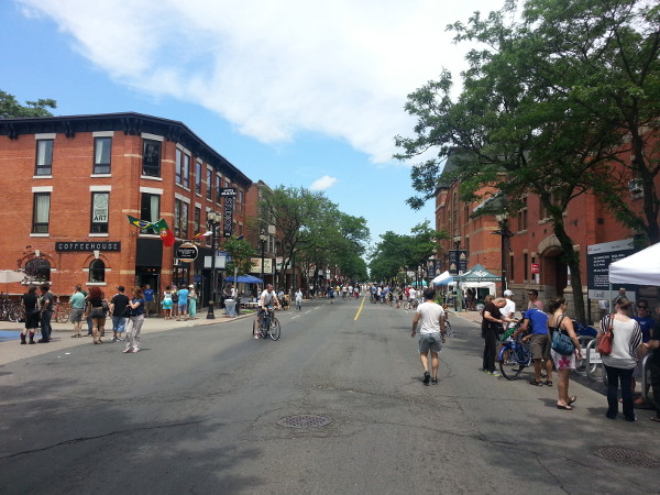 The street was busy with people at James and Mulberry