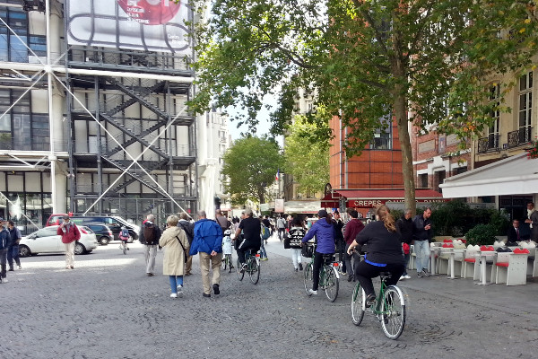 Cycling in pedestrian plaza behind Centre Pompidou
