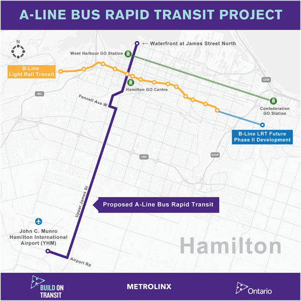 Figure 3: Proposed BRT A-Line (in purple) with LRT B-Line