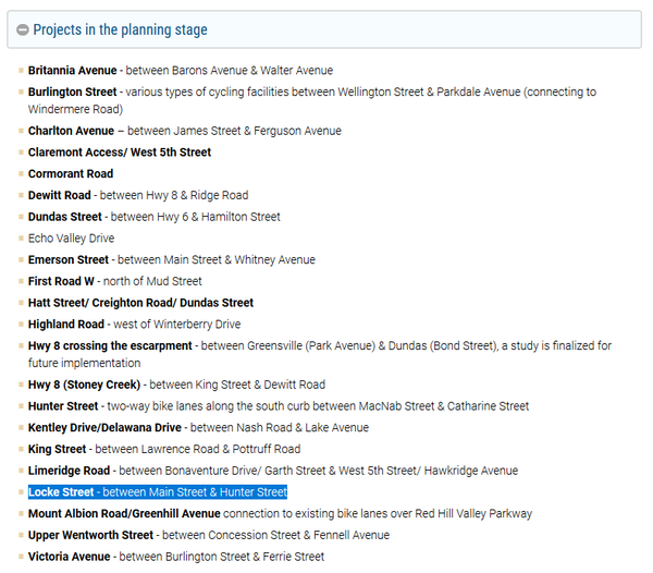 Screenshot: City of Hamilton Cycling Infrastructure web page with Locke Street project highlighted