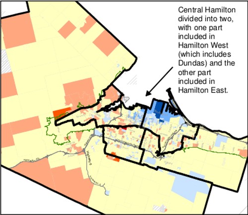Map 3: Revised set of boundaries for Hamilton's five ridings from the 2012 Federal Electoral Boundaries Commission for Ontario (November 2012)