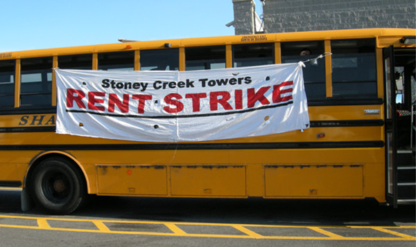 As their strike entered its fourth month, Stoney Creek Towers tenants and supporters made a field trip from Hamilton to Ottawa to deliver greetings to CLV/InterRent at home office. After three hours of police-mediated negotiations, the company agreed to accept a letter from their tenants.