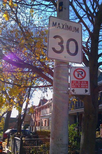 30 km/h sign on a residential street in Toronto's Beaches neighbourhood