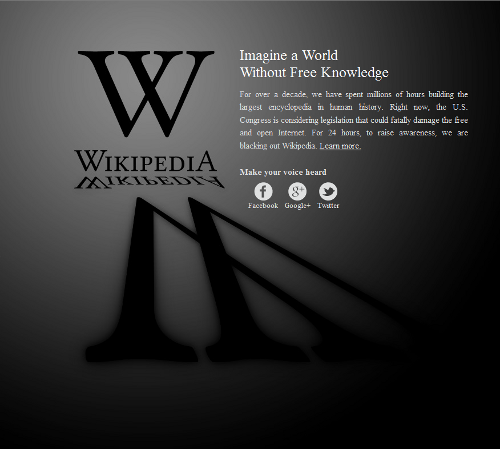 The English language Wikipedia site has gone dark in protest against PIPA/SOPA