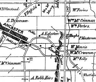 Figure 5: Part of the 1875 map of Ancaster: note that north is to the right. It was the Egleston family that built the Old Mill. Lime kilns are shown by a circle enclosing a dot.