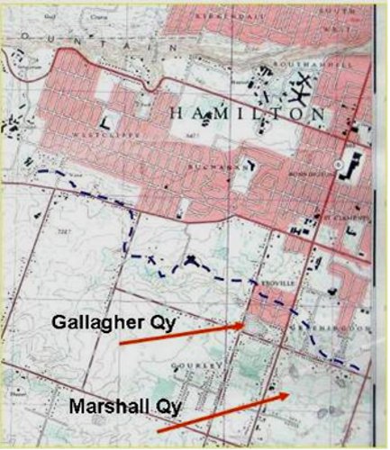 Figure 1. Map showing location of two quarries in the Eramosa dolomite: The Marshall quarry was first developed in the 1850s: neither quarry produced much building stone after 1900. The heavy dashed line indicates the Eramosa escarpment.