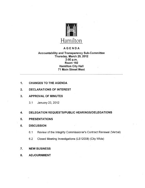 Agenda for the March 29, 2012 meeting of the Accountability and Transparency Committee