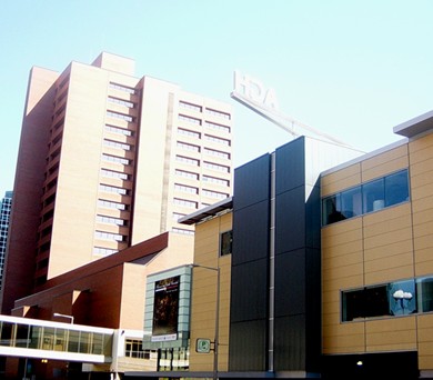 The sign as seen from the sidewalk in front of the Stelco Tower