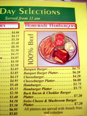 100% Beef Homemade Hamburger depicted on menu