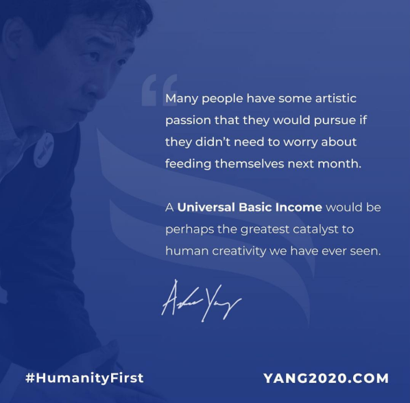 Andrew Yang, democratic presidential candidate and outspoken UBI advocate, campaigning on the prospect of providing everyone in America with the a UBI (Freedom Dividend)