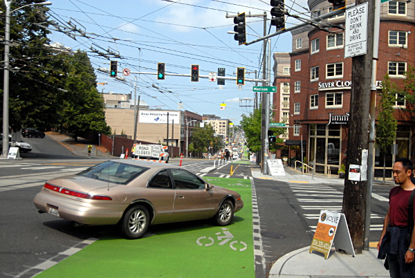 No right on red across bike lane (Image Credit: Streetsblog)