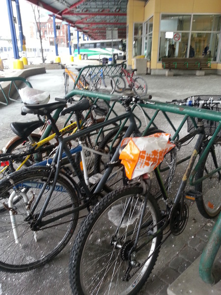 The bike rack at the Hunter GO Station was about half-full