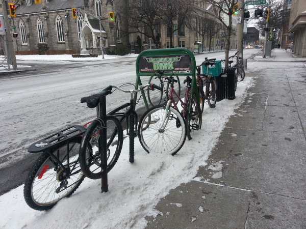 Bikes parked outside the YMCA at James and Jackson