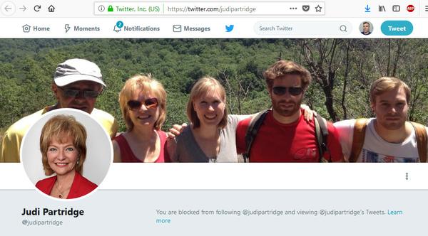 Screenshot from Twitter: Account blocked by Judi Partridge
