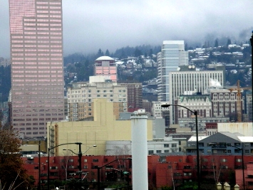 Pink office tower in Portland, Oregon