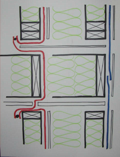 Double 2x4 construction showing vapour barrier (red) and sealing technique.