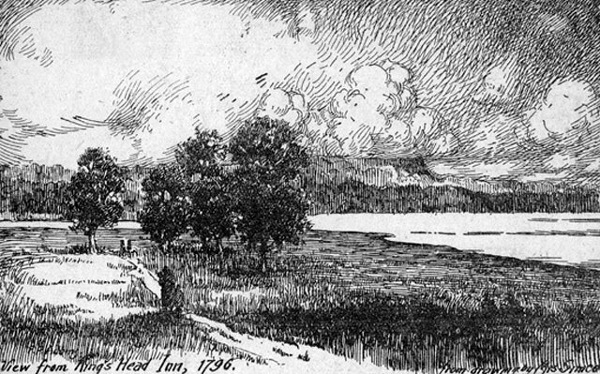 Looking north-west from Kings' Head Inn location on the beach strip, with the Niagara escarpment in the background, circa 1795