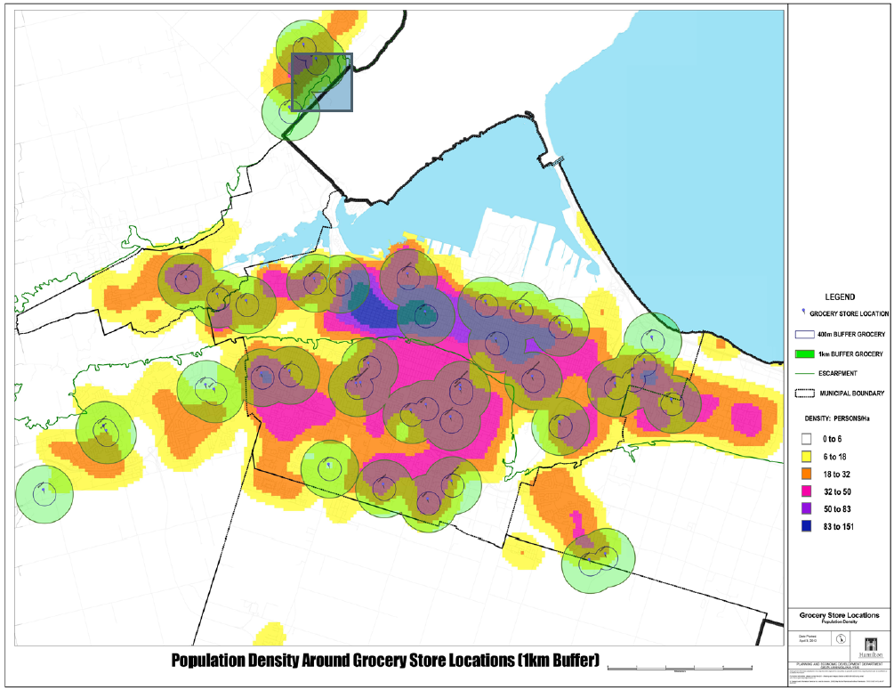 Population Density Around Grocery Store Locations (1 km Buffer) (Source: City of Hamilton)