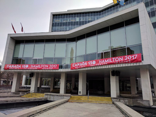 Canada 150 banner hanging at Hamilton City Hall