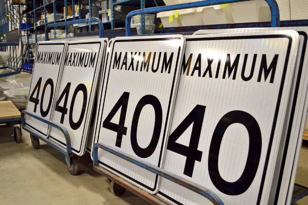 40 km/h speed limit signs ready to be deployed (Image Credit: City of Hamilton)