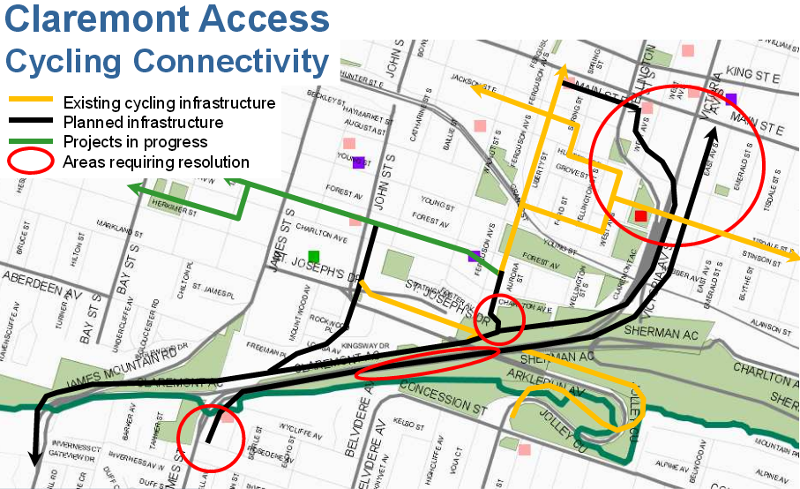 Claremont Access cycling connectivity map (City of Hamilton)