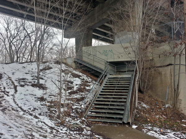 Stairs with bike gutter from Victoria Avenue South to Escarpment Stairs