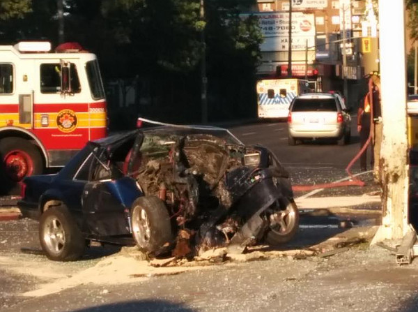 Smashed car after a July 2014 crash on Main Street near Victoria (Image Credit: Joey Coleman)