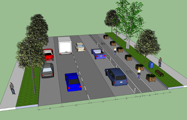 Rendering of a street redesigned to include protected bike lanes (Image Credit: Streets.MN)