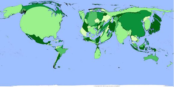 Consumption adjusted population cartogram resizing each nation by the ecological load they exert on the planet through their population multiplied by the effects of consumption.