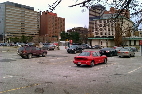 Excess parking capacity at Main Street and Bay Street, within sight of the Standard Life building, Sheraton Hotel and HWDSB office