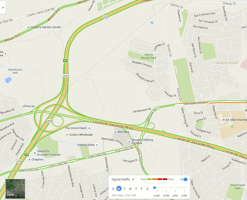 Animated GIF: Typical Traffic at Lincoln M. Alexander Parkway and Highway 403 exit between 6:00 AM and 10:00 AM (Image Credit: Google Maps)