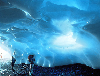 The Paradise ice caves at Mount Rainier, shown here in 1982, melted away by fall 1991. The Nisqually glacier has drawn back nine-tenths of a mile since early in the last century. Photo Credit: Gilbert W. Arias/Seattle Post-Intelligencer