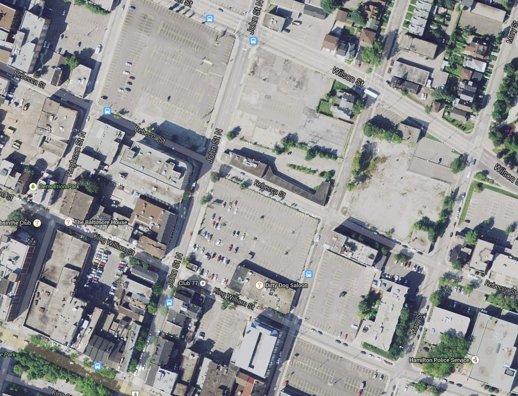 Overhead view of parking in downtown Hamilton (Image Credit: Google Maps)
