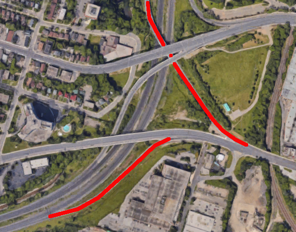 Highway 403 interchange with Main and King Streets, exit ramps to Main highlighted (Image Credit: Google Maps)