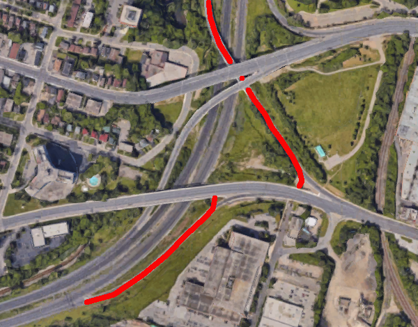 Highway 403 interchange with Main and King Streets, exit ramps to Main adjusted for right-angle intersection (Image Credit: Google Maps)