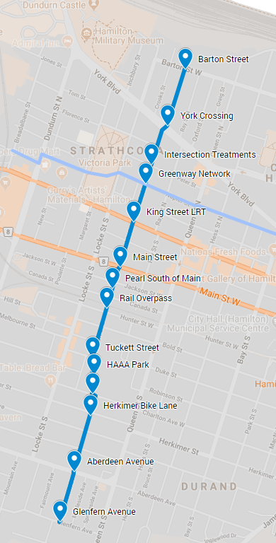 Map: Magill-Pearl-Kent Greenway with some points of interest (Image Source: Google Maps)