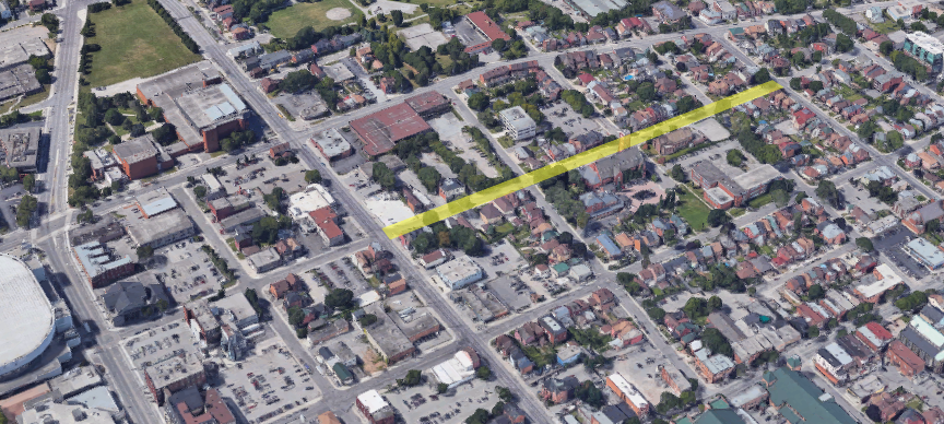 A section of Park Street North (highlighted in yellow) is being converted to two-way today (Image Credit: Google Maps)